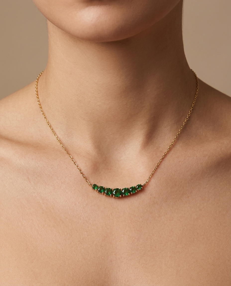 14KT Yellow Gold Emerald Necklace on model