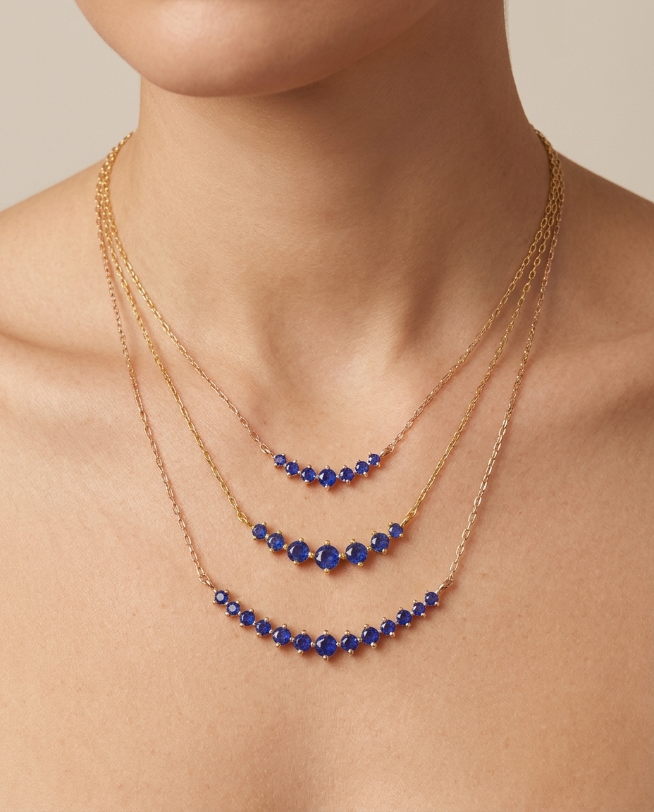 14KT Yellow Gold Blue Sapphire Necklace on model