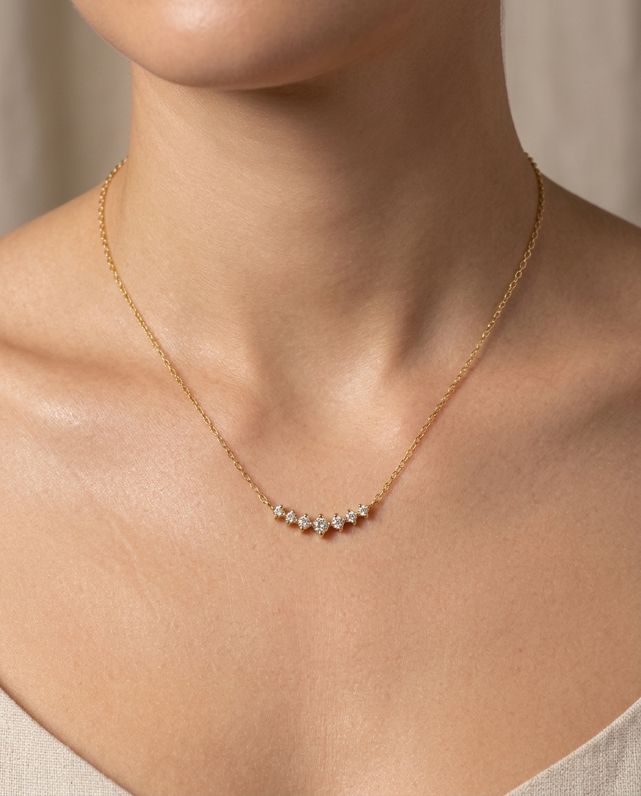 14KT Yellow Gold Curved Bar Diamond Necklace on model