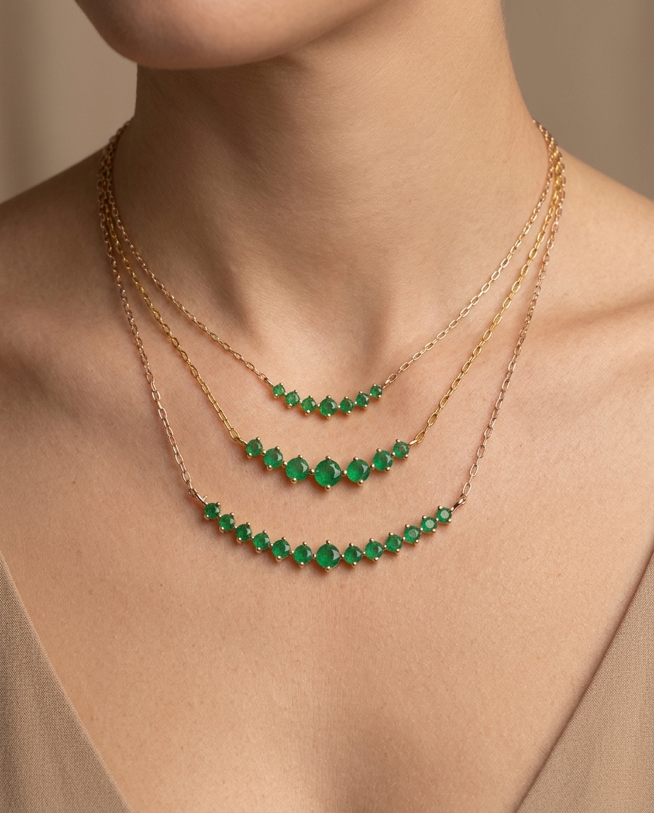 14KT Yellow Gold Emerald Necklace on model