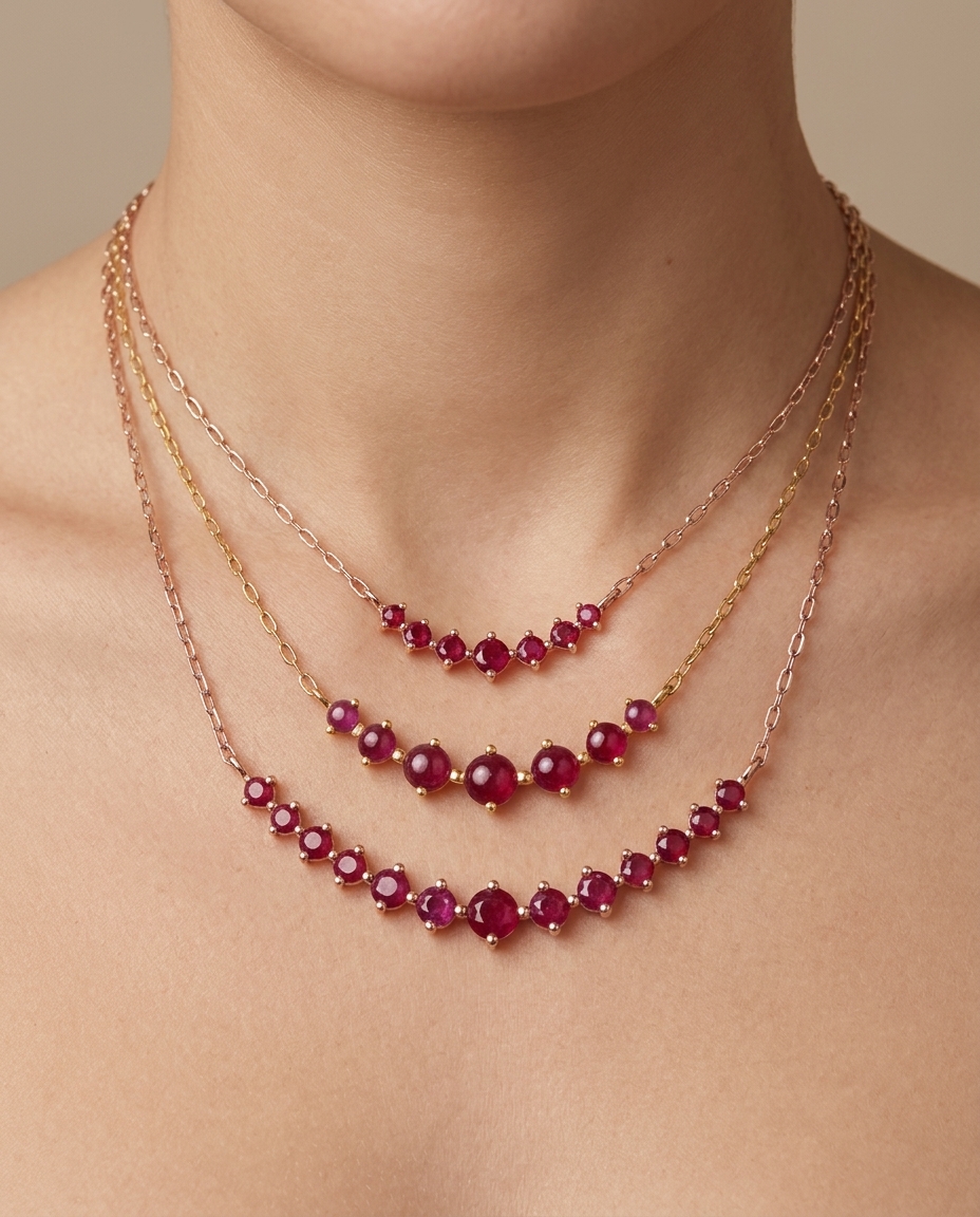 14KT Yellow Gold Ruby Necklace on model