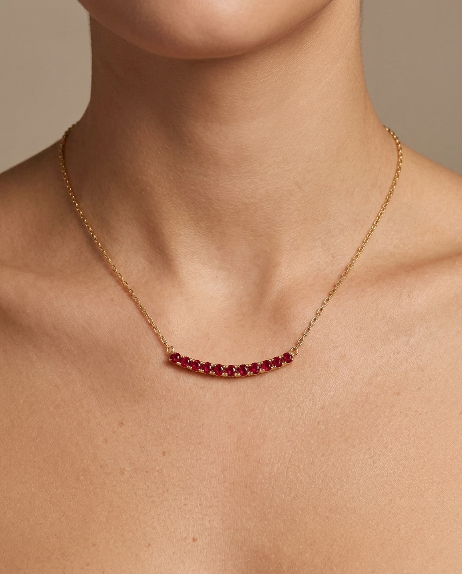14KT Yellow Gold Ruby Bar Necklace on model