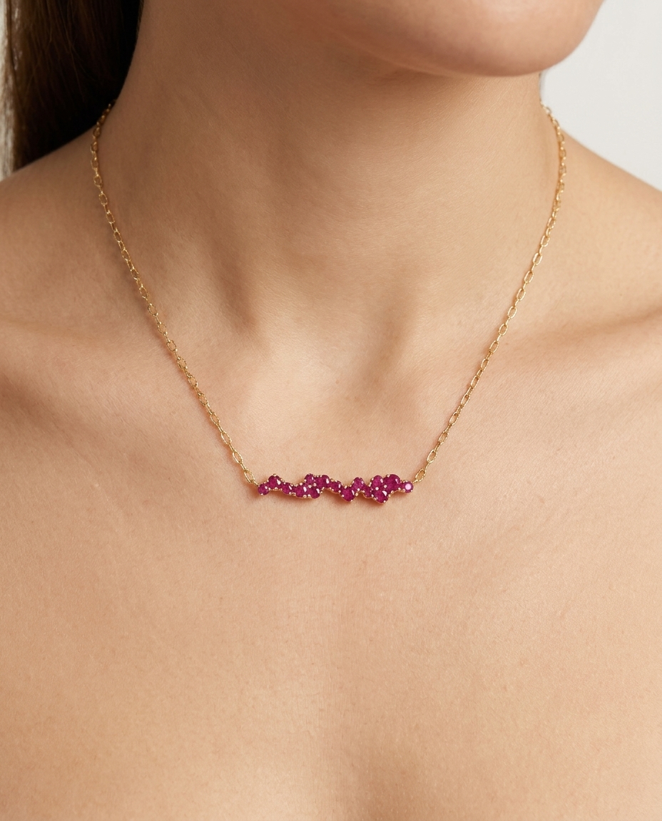 14KT Yellow Gold Ruby Bar Necklace on model