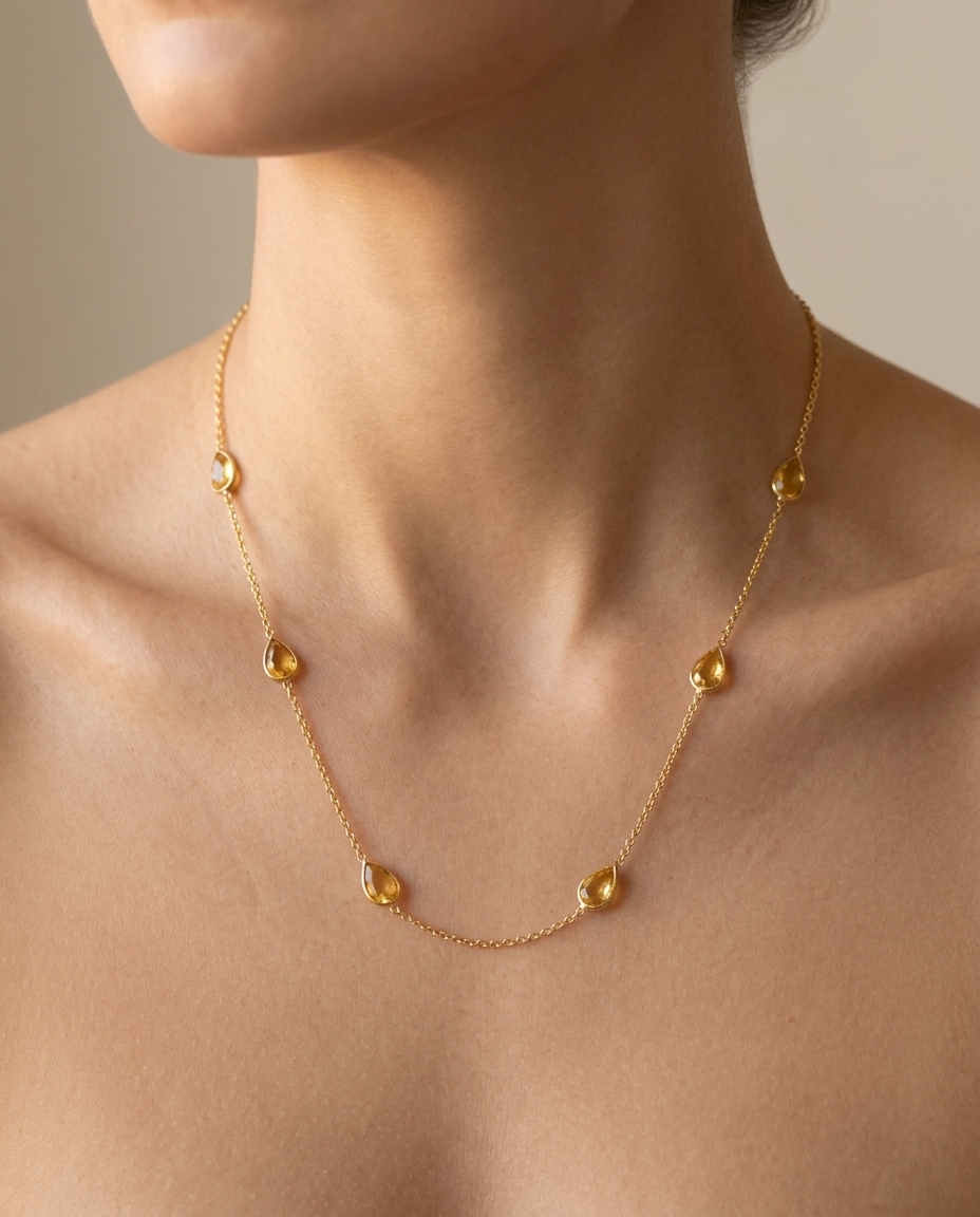 18KT Yellow Gold Bazeled Green Sapphire Station Necklace 18" on model