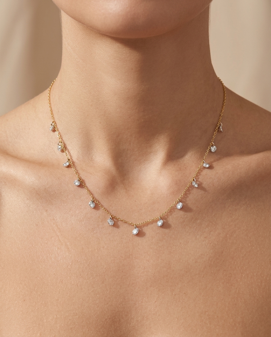 14KT Yellow Gold Diamond Dangling Necklace on model