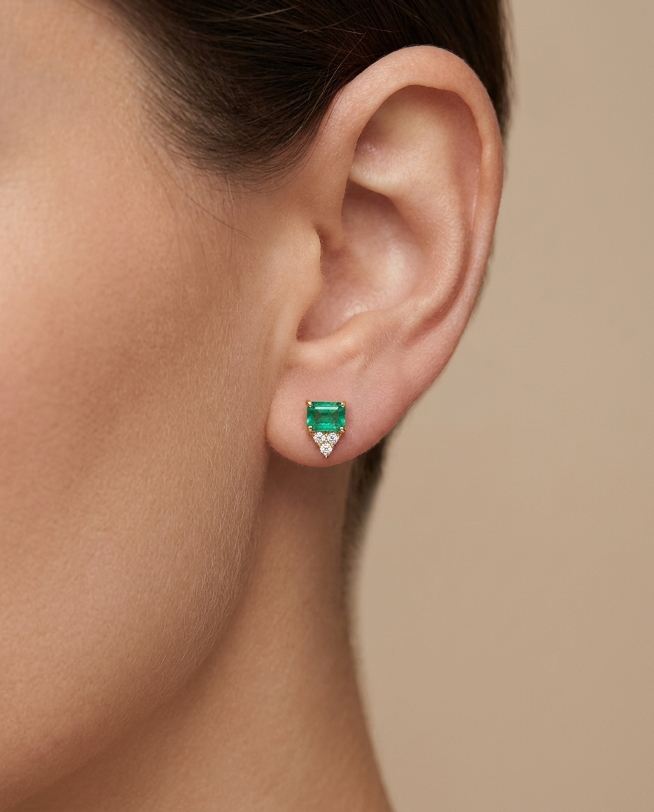 14KT Yellow Gold Diamond and Emerald Studs Earring on model