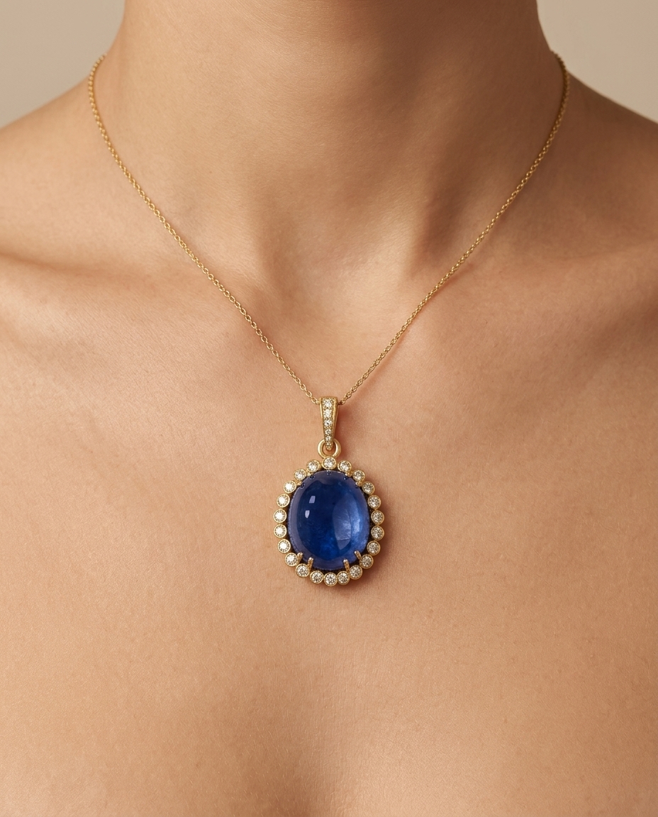 14KT Tanzanite Pendant with Diamonds on model
