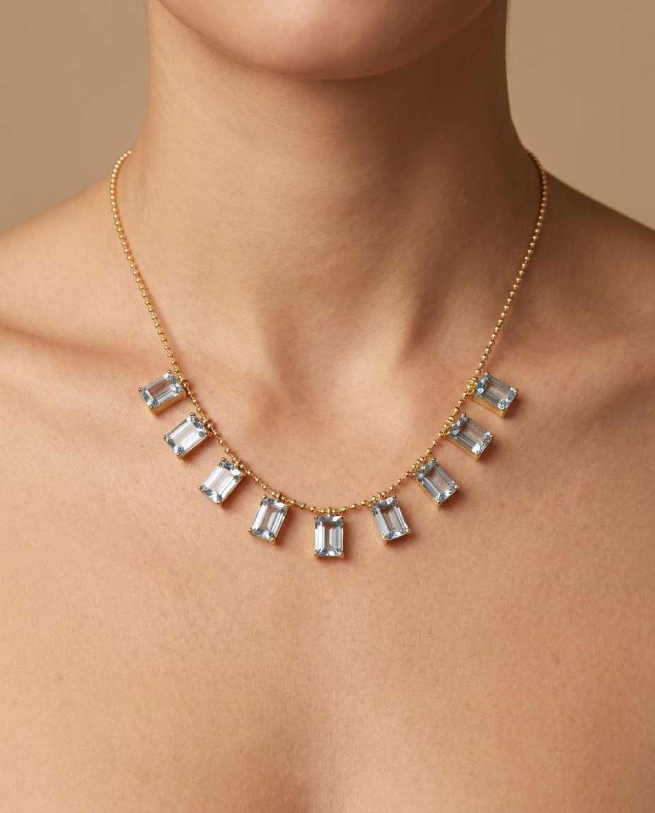 14KT Yellow Gold Aquamarine Dangling Necklace on model
