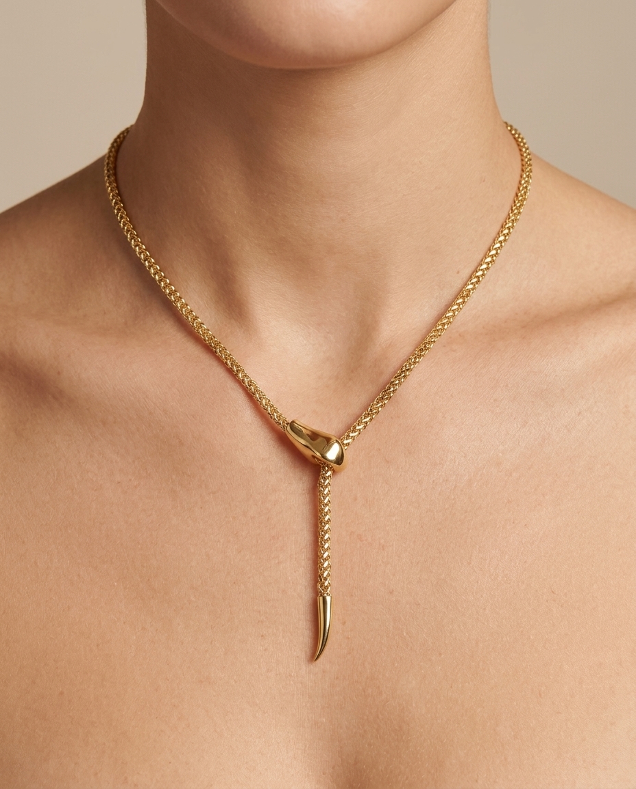 14KT Gold Snake Chain Necklace on model