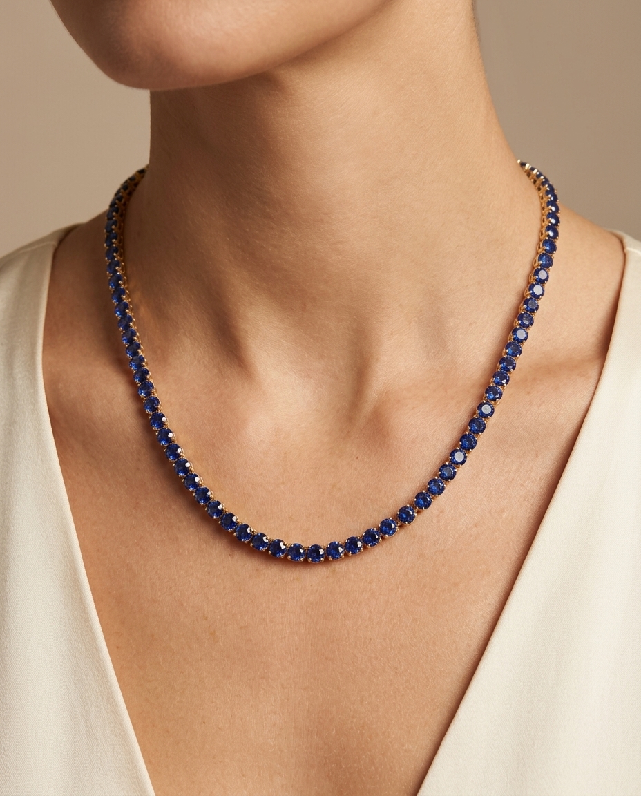 14KT Yellow Gold Sapphire Tennis Necklace on model