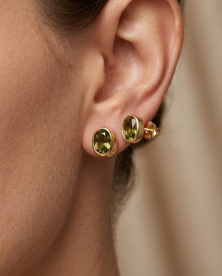 14KT Yellow Gold Green Sapphire Earring Studs on model