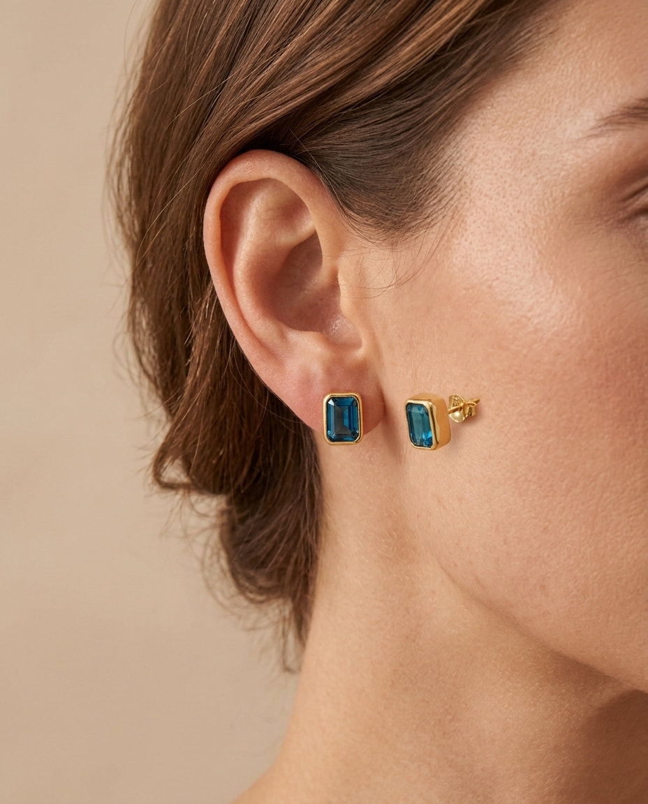 18KT Yellow Gold Topaz Earring Studs on model