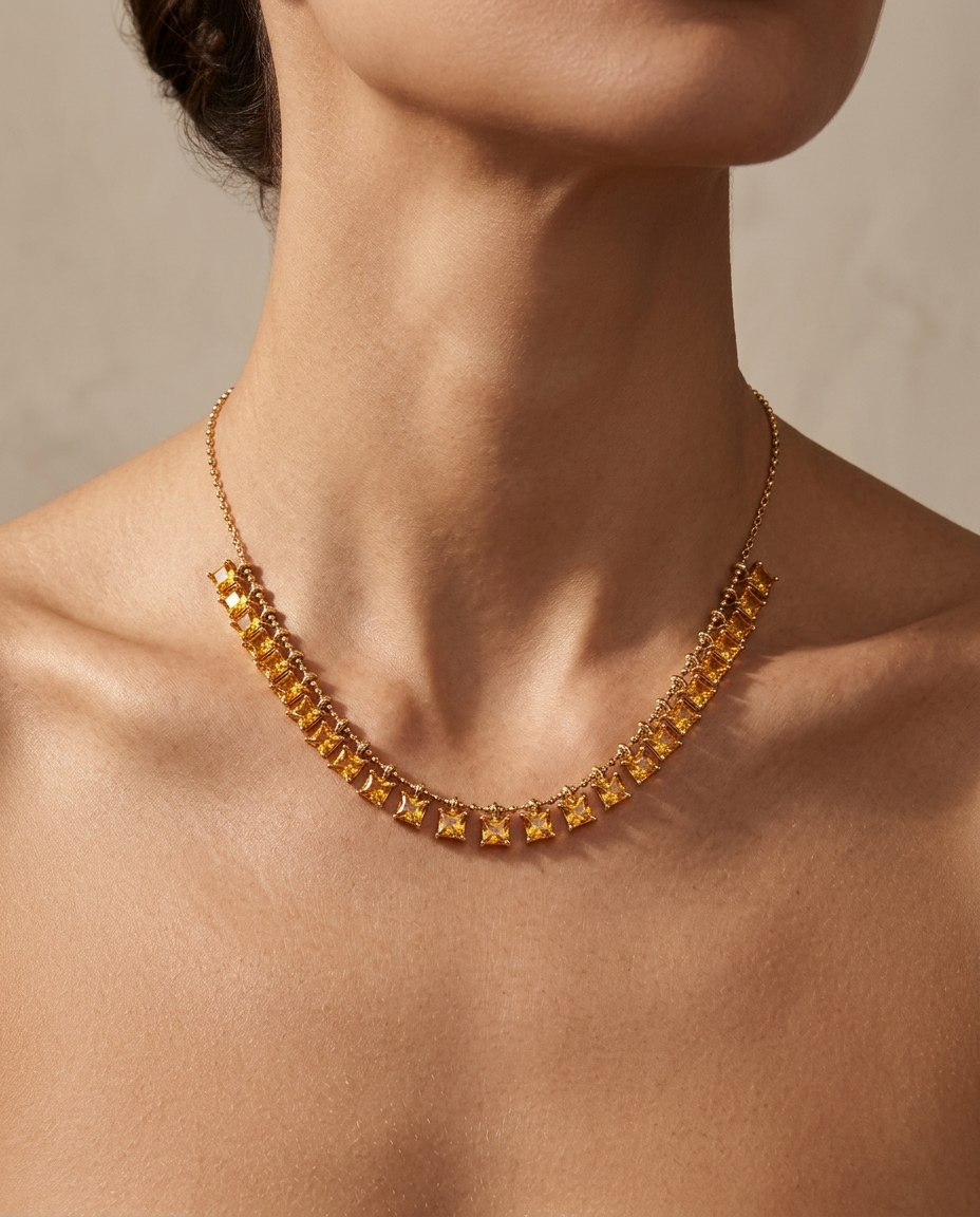 14KT Gold Yellow Sapphire Dangling Necklace on model