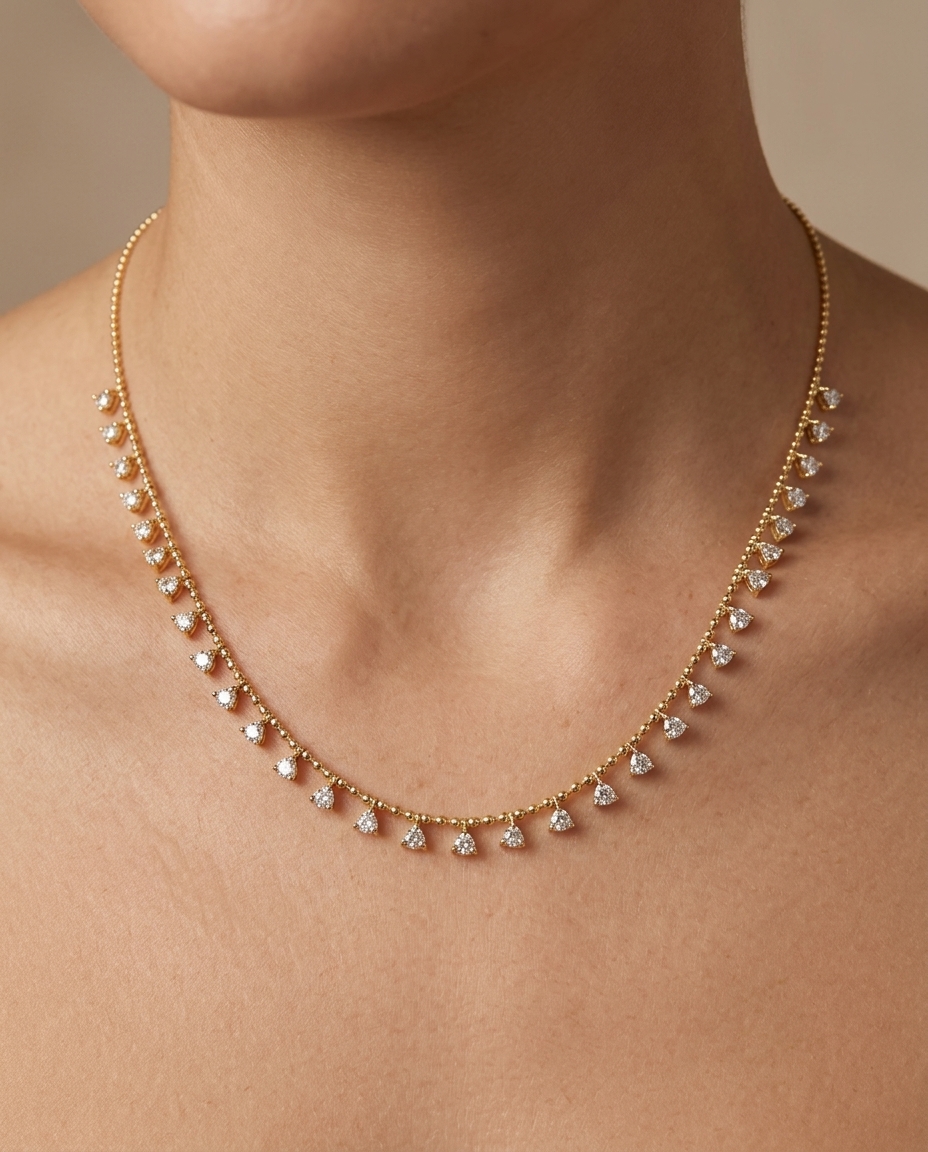 14KT Yellow Gold Diamond Dangling Necklace on model