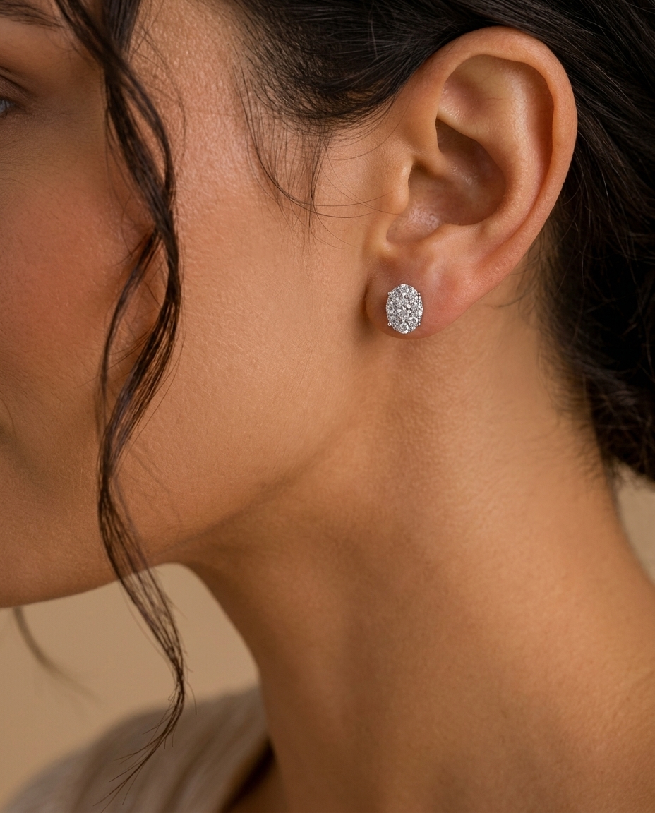 18KT White Gold Diamond Oval Shape Earring on model