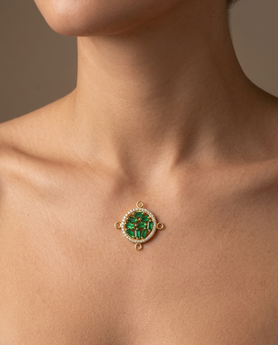 14KT Yellow Gold Emerald Disc Connector with Diamonds on model