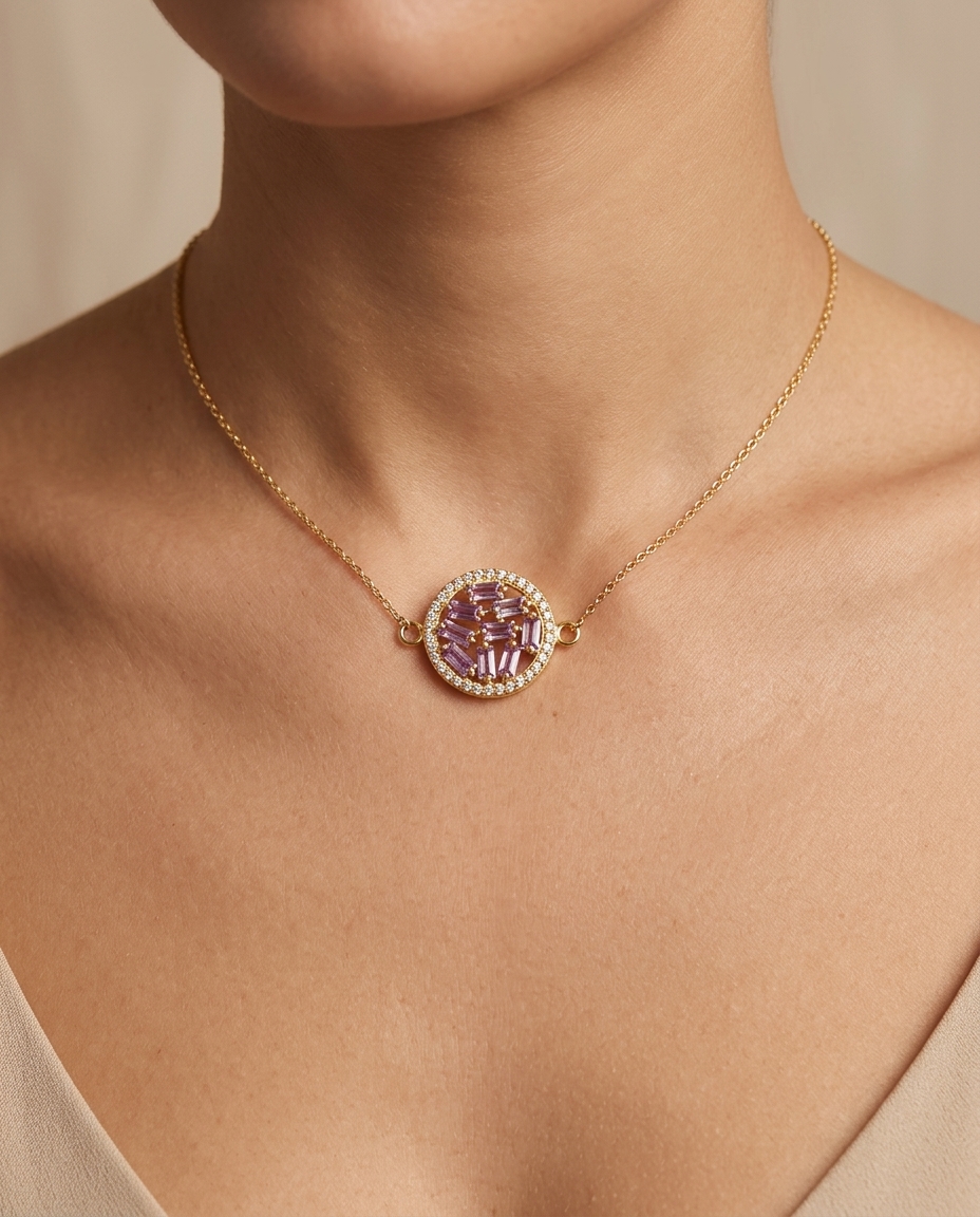 14KT Yellow Gold Pink Sapphire Disc Connector with Diamonds on model