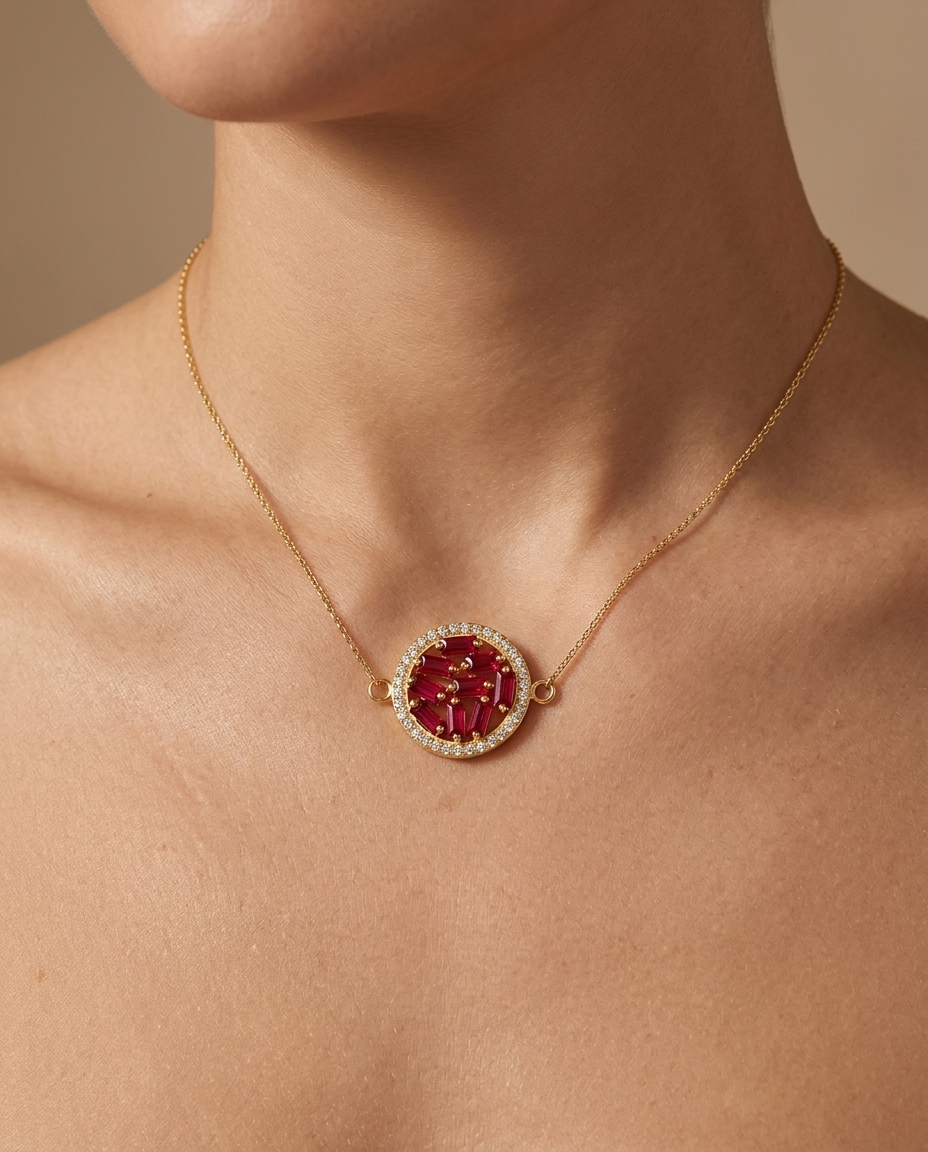 14KT Yellow Gold Ruby Disc Connector with Diamonds on model