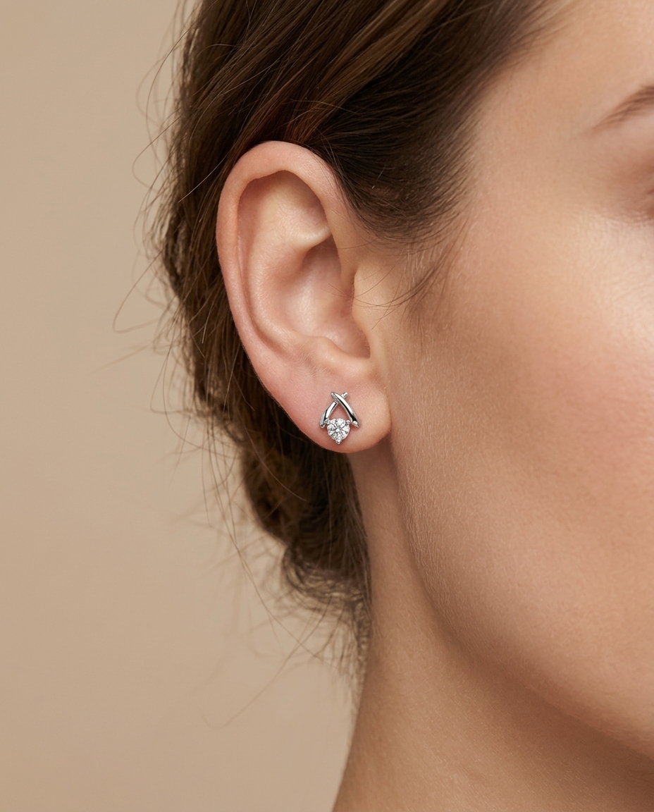 14KT White Gold Diamond Earring on model