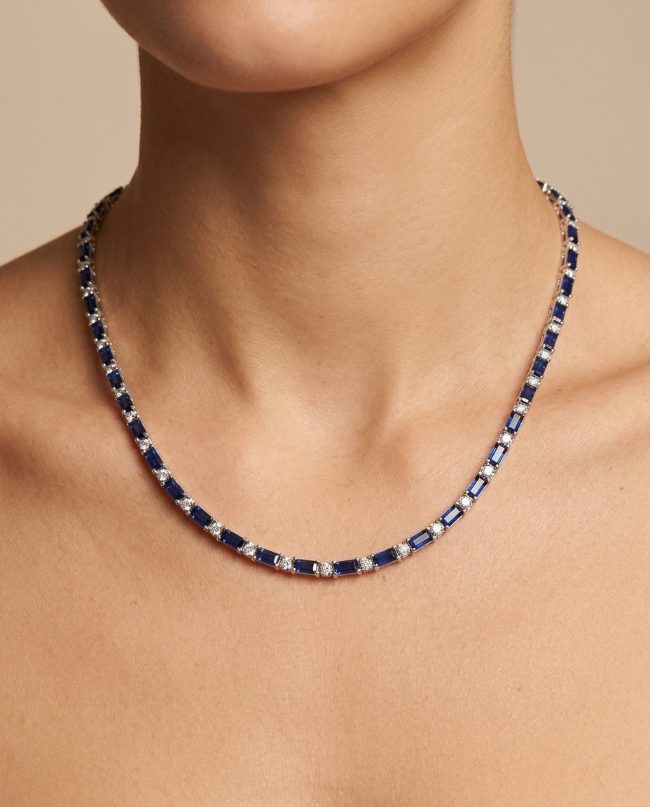 18KT Gold Diamond and Blue Sapphire Necklace on model
