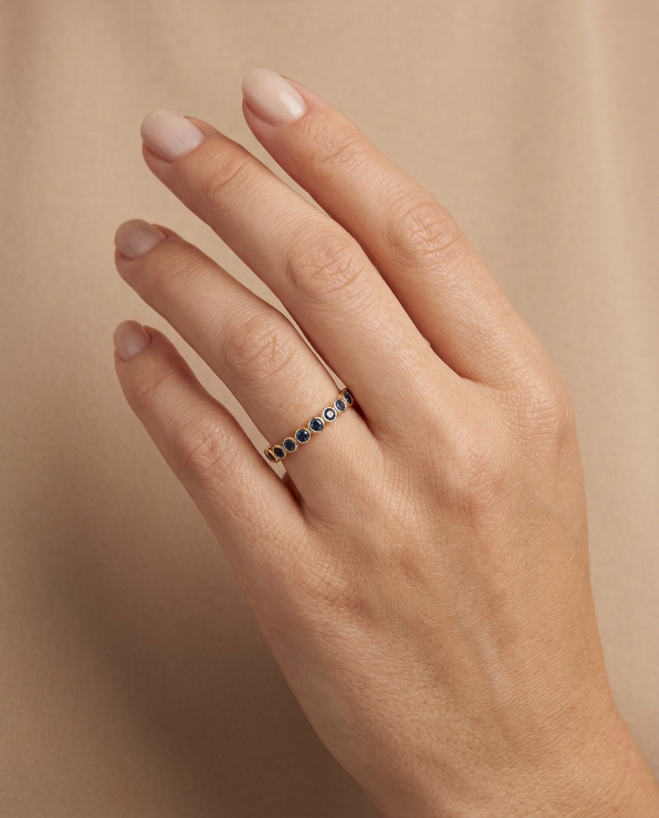 14KT Gold Blue Sapphire Ring on model