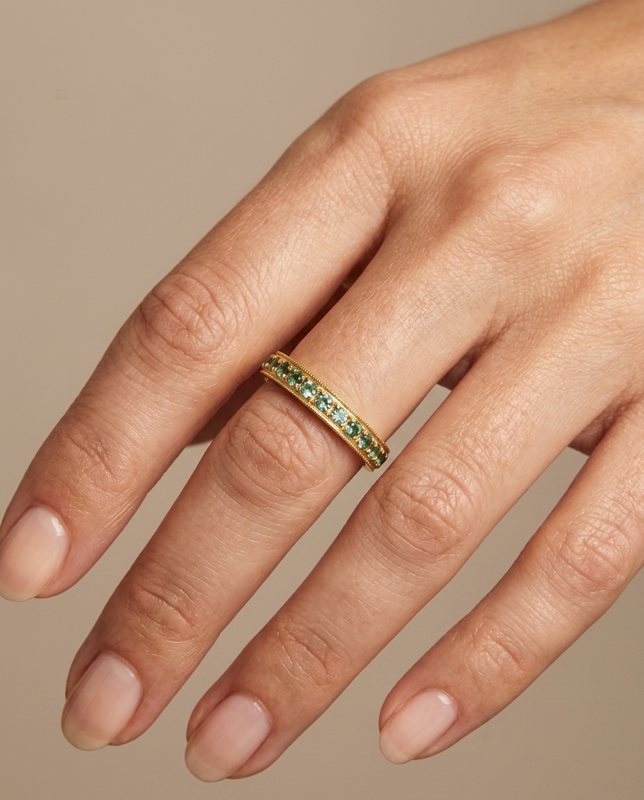 18KT Yellow Gold Emerald Ring on model