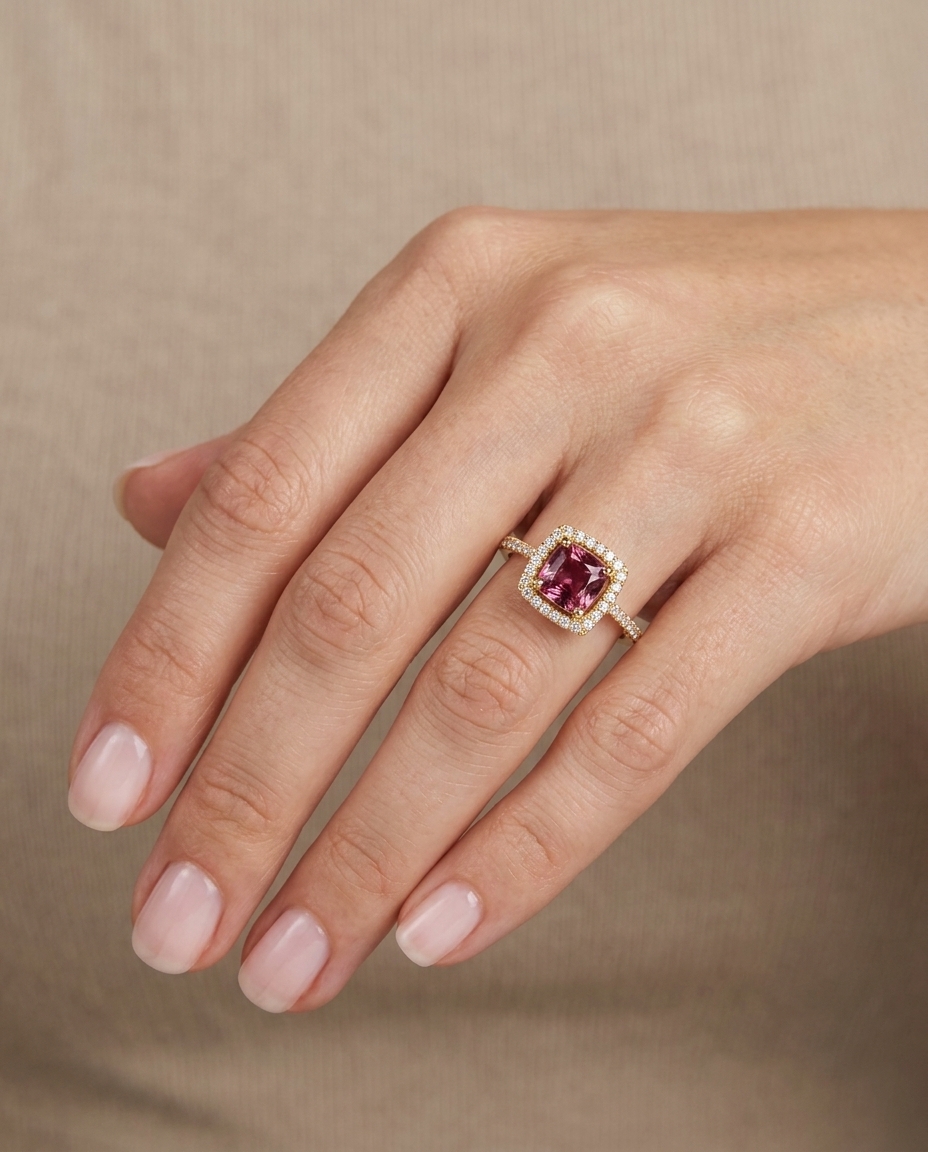 14KT Yellow Gold Pink Tourmaline and Diamonds Ring on model