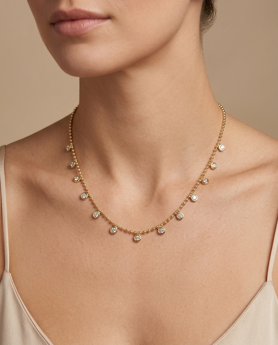 14KT Yellow Gold Diamond Dangling Necklace on model