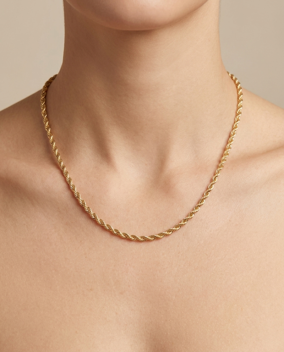 14KT Gold Rope Chain Necklace on model