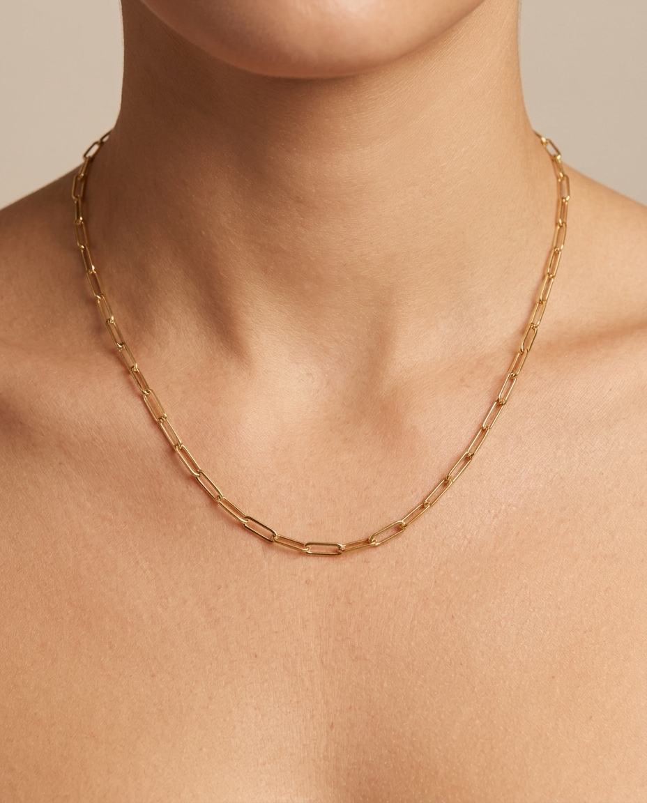 14KT Gold Flat Paperclip Necklace on model