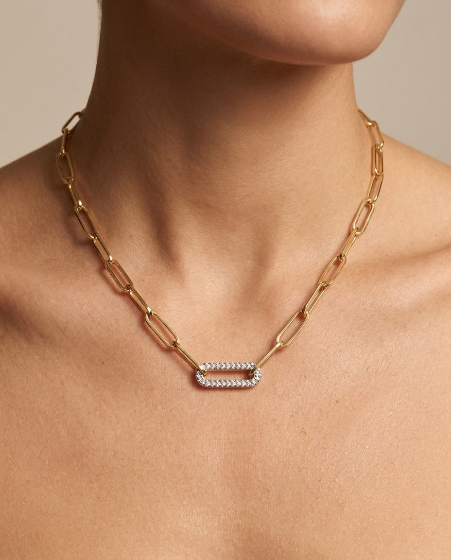 14KT Gold Paperclip Chain with One Diamond Link Necklace on model