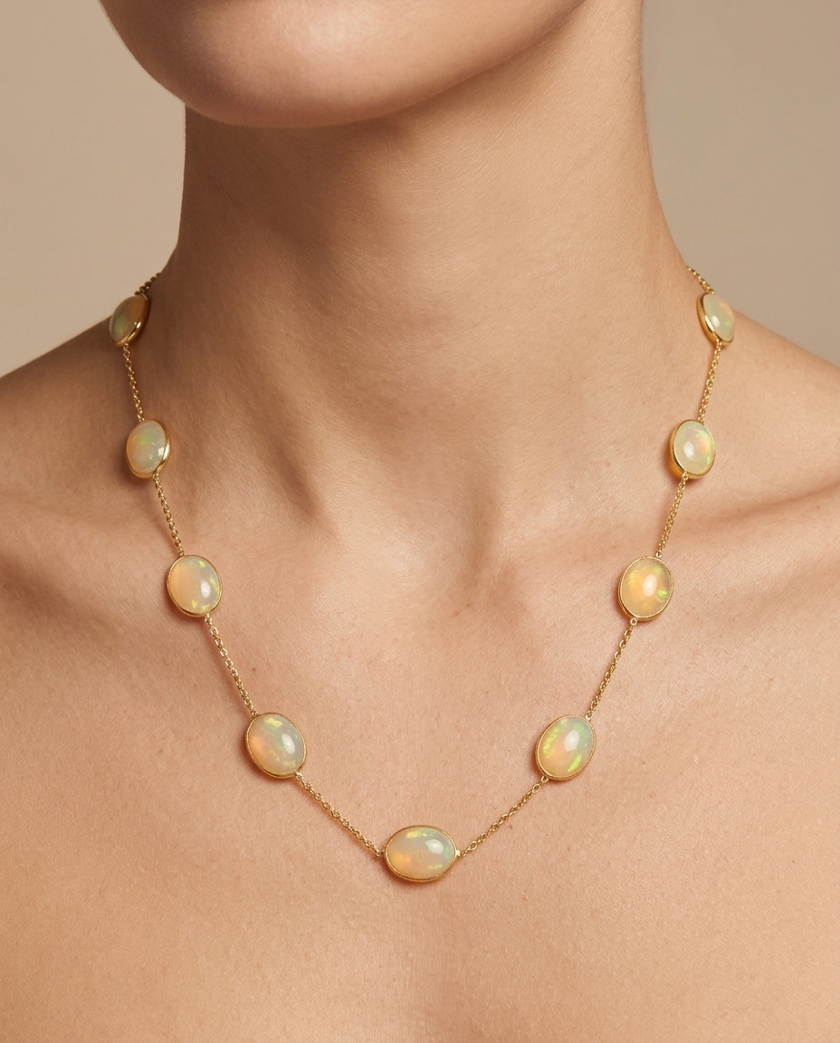18KT Gold Bazeled Opal Station Necklace on model