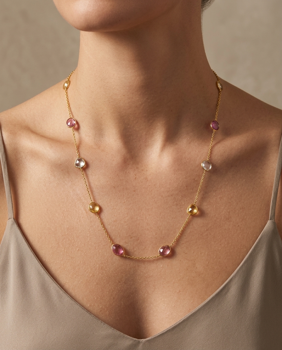 18KT Gold Bazeled Multi Sapphire Slice Cut Station Necklace on model