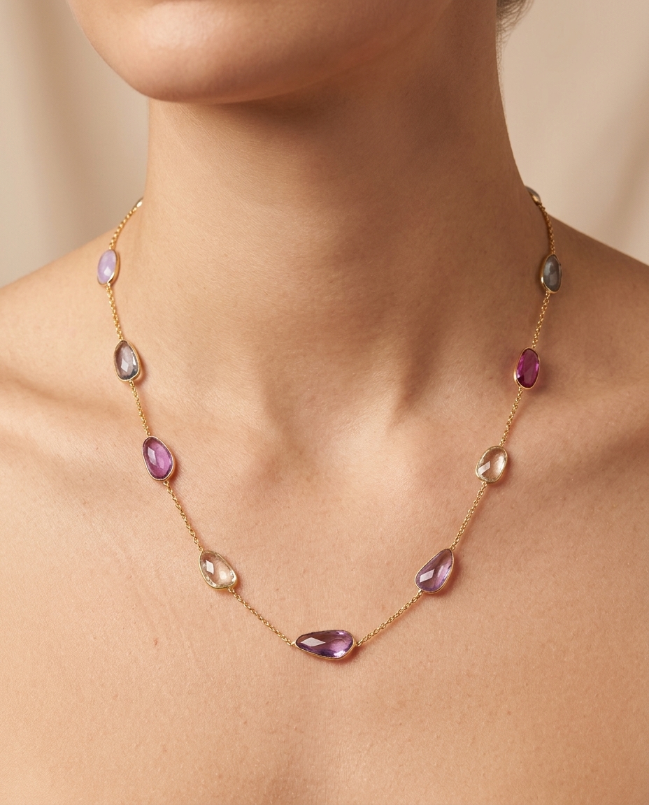 18KT Gold Bazeled Multi Sapphire Slice Cut Station Necklace on model