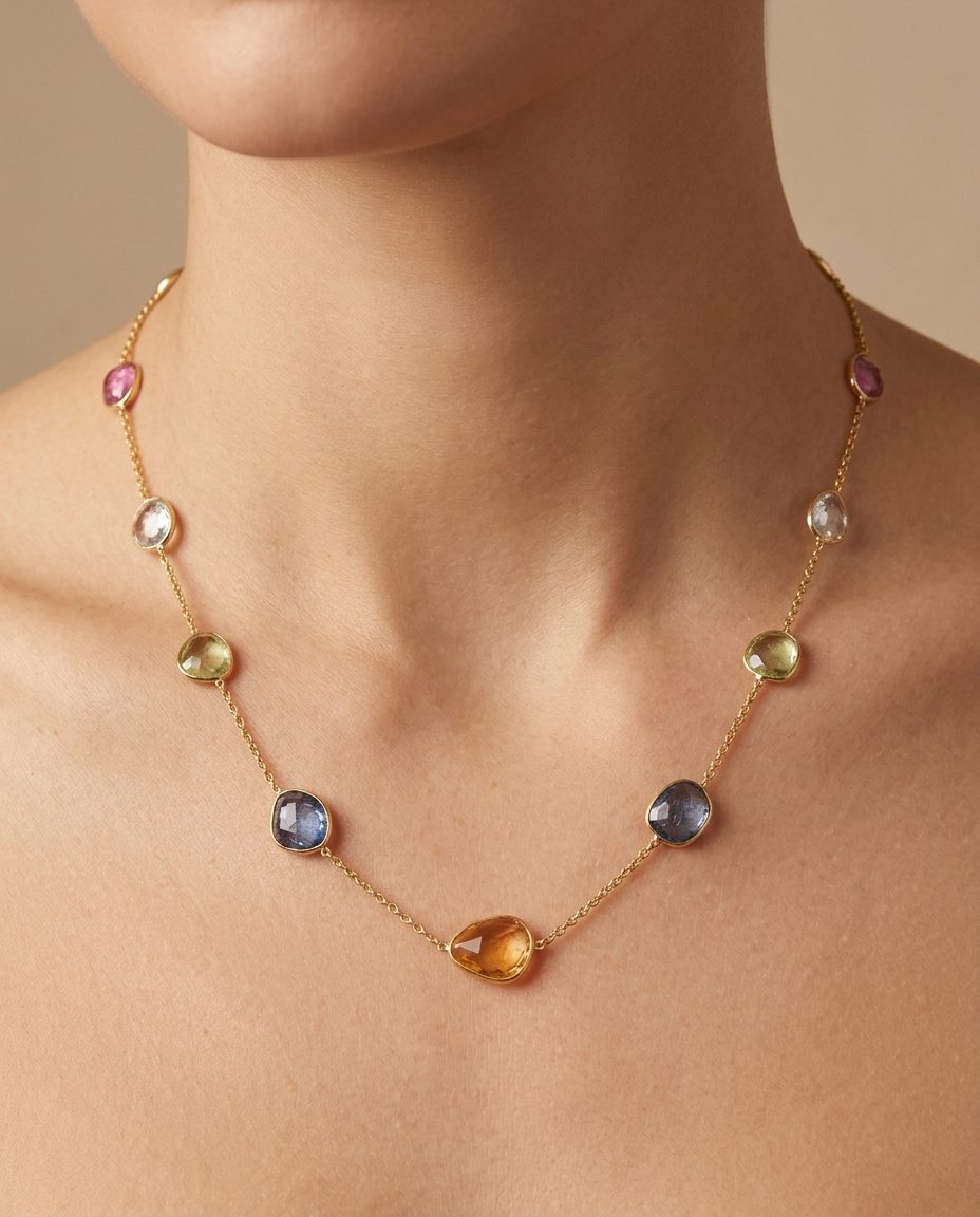 18KT Gold Bazeled Multi Sapphire Slice Cut Station Necklace on model