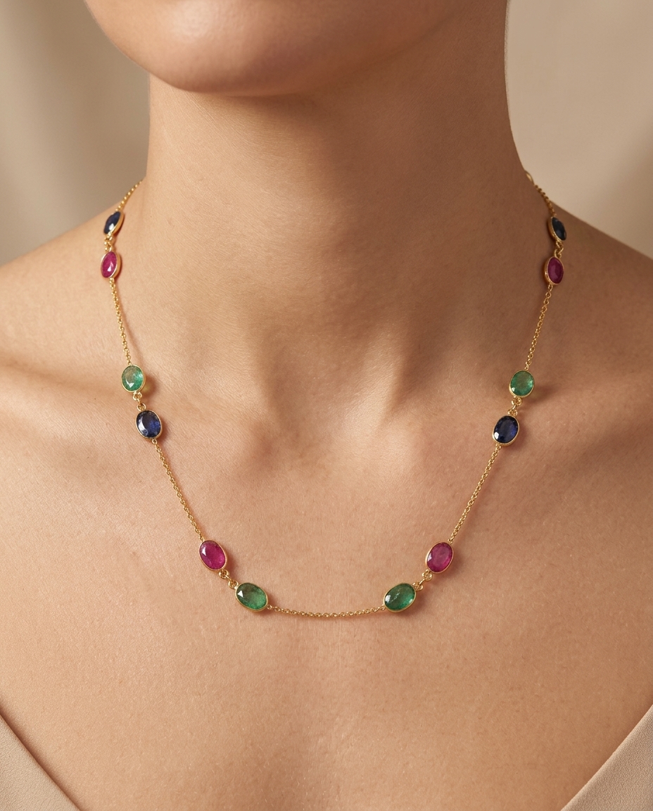 18KT Gold Bazeled Multi Sapphire Station Necklace on model
