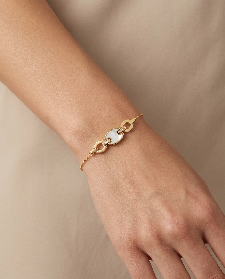 14KT Gold Mother of Pearl and Diamonds Bracelate on model