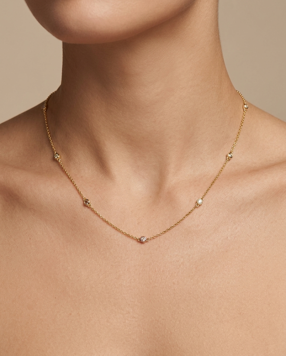 14KT Gold Diamond Station Necklace on model