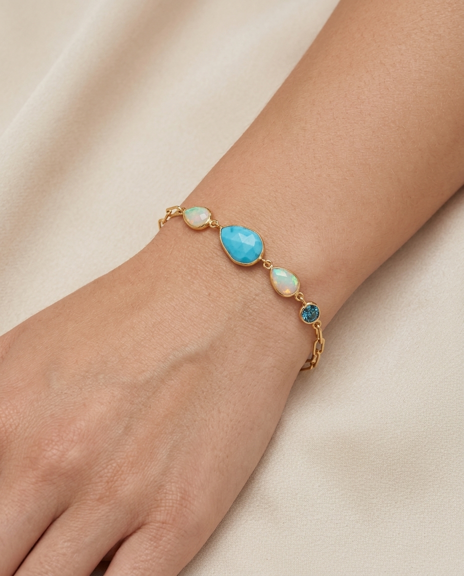 14KT Gold Turquoise Bracelet on model