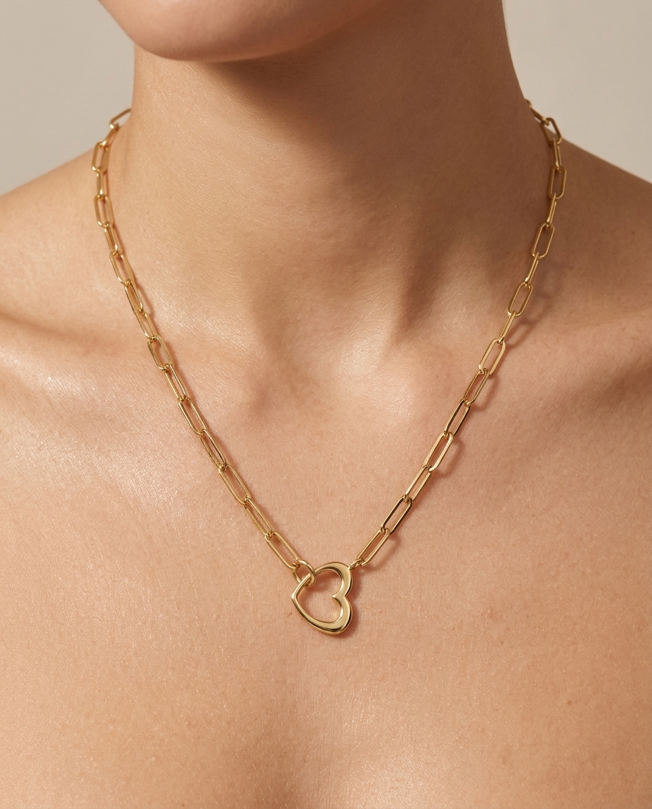 14KT Gold Heart Lock Necklace on model