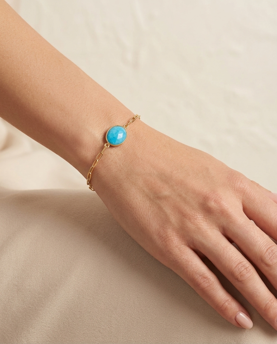 14KT Gold Turquoise Bracelet on model