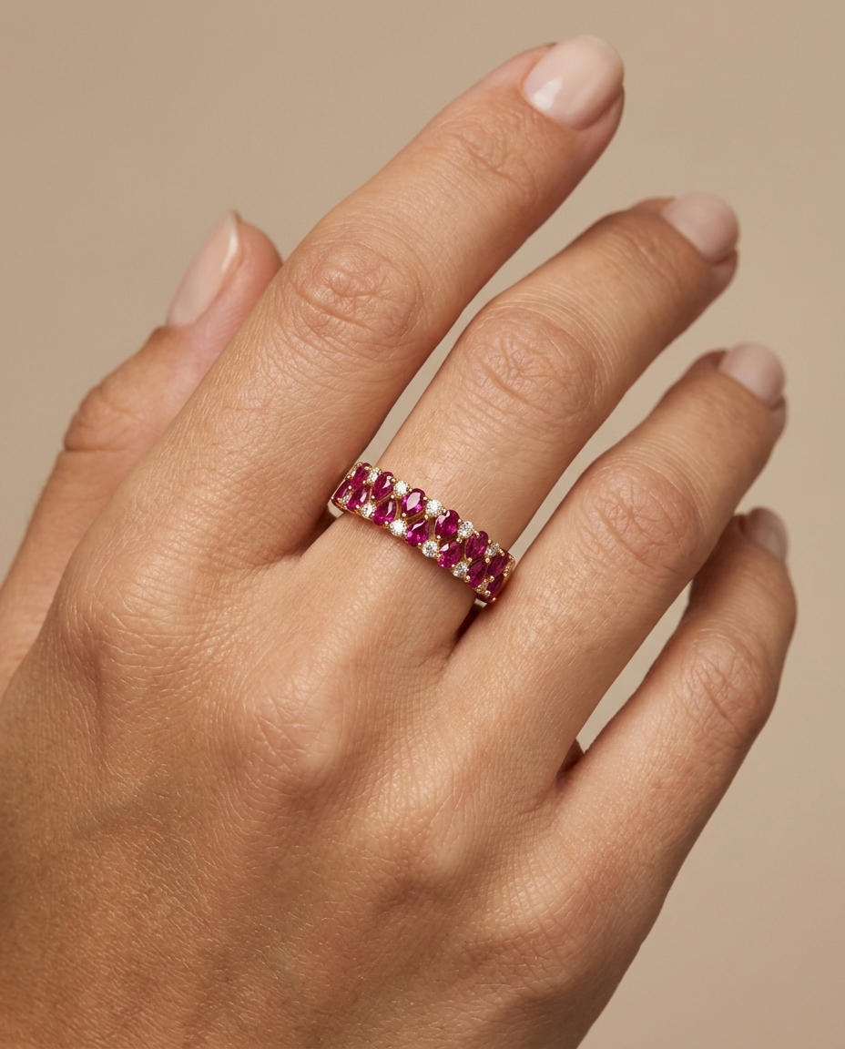 14KT Gold Ruby and Diamonds Ring on model