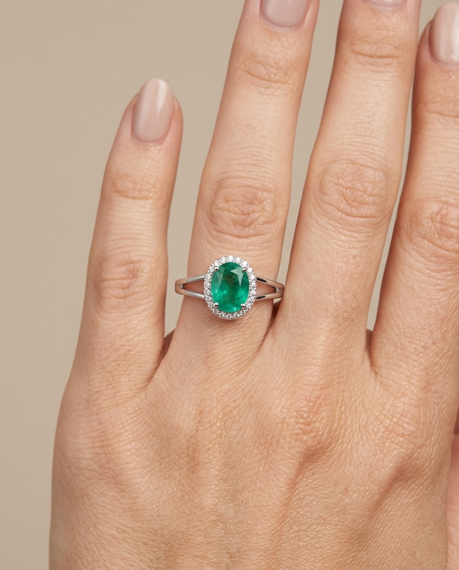 18KT Gold Emerald and Diamond Ring on model