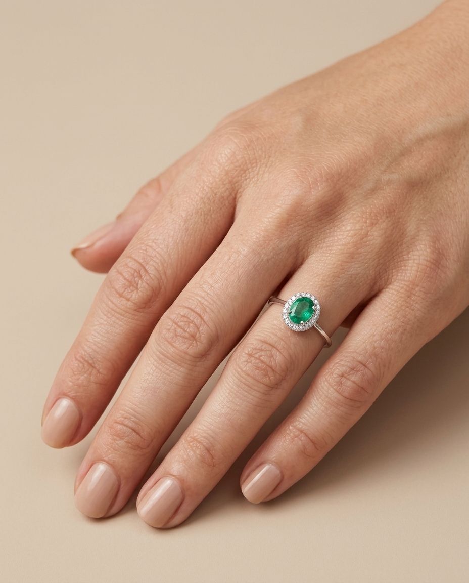 18KT Gold Emerald and Diamond Ring on model