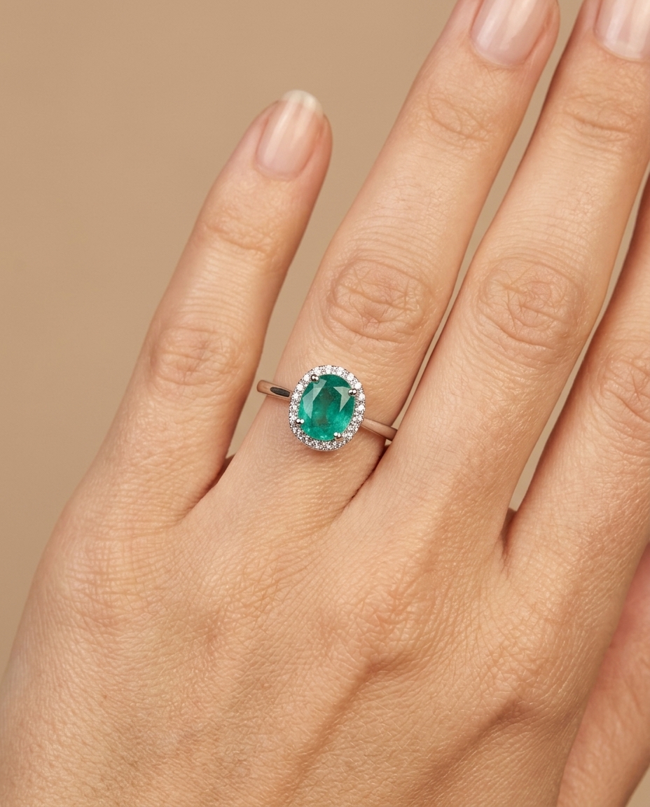 18KT Gold Emerald and Diamond Ring on model