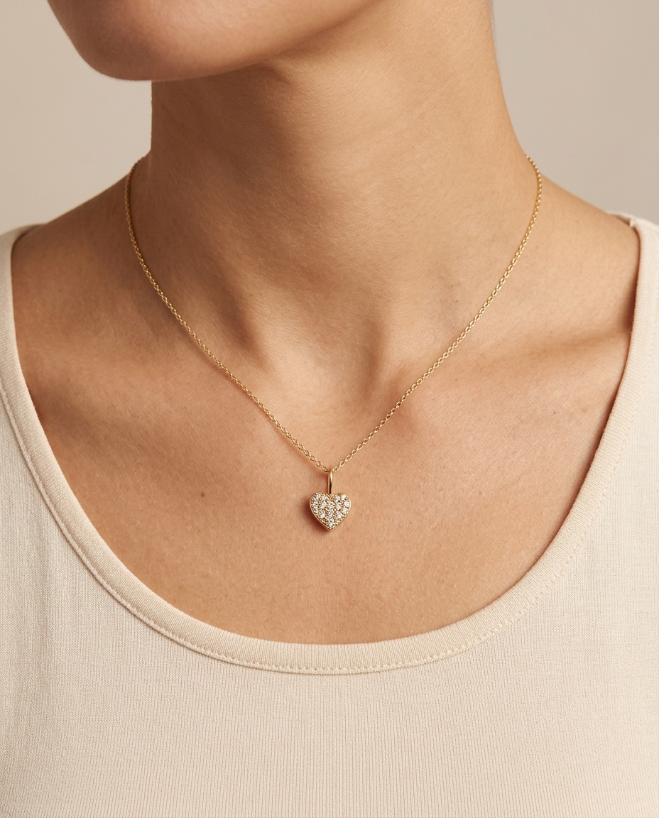 14KT Gold Diamond Heart Pendant on model