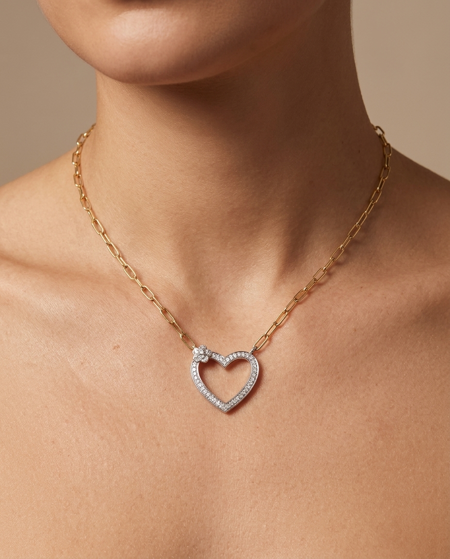 14KT Gold Diamond Heart with Flower Necklaces on model
