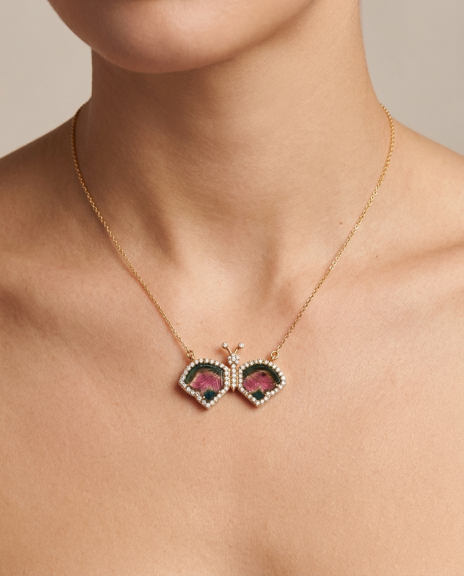 14KT Yellow Gold Watermelon Tourmaline and Diamonds Butterfly Necklace on model