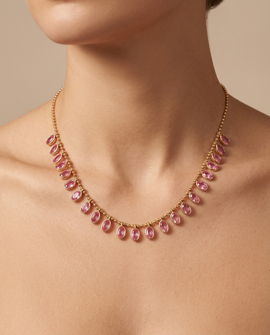 14KT Yellow Gold Oval Shape Pink Sapphire Dangling Necklace on model