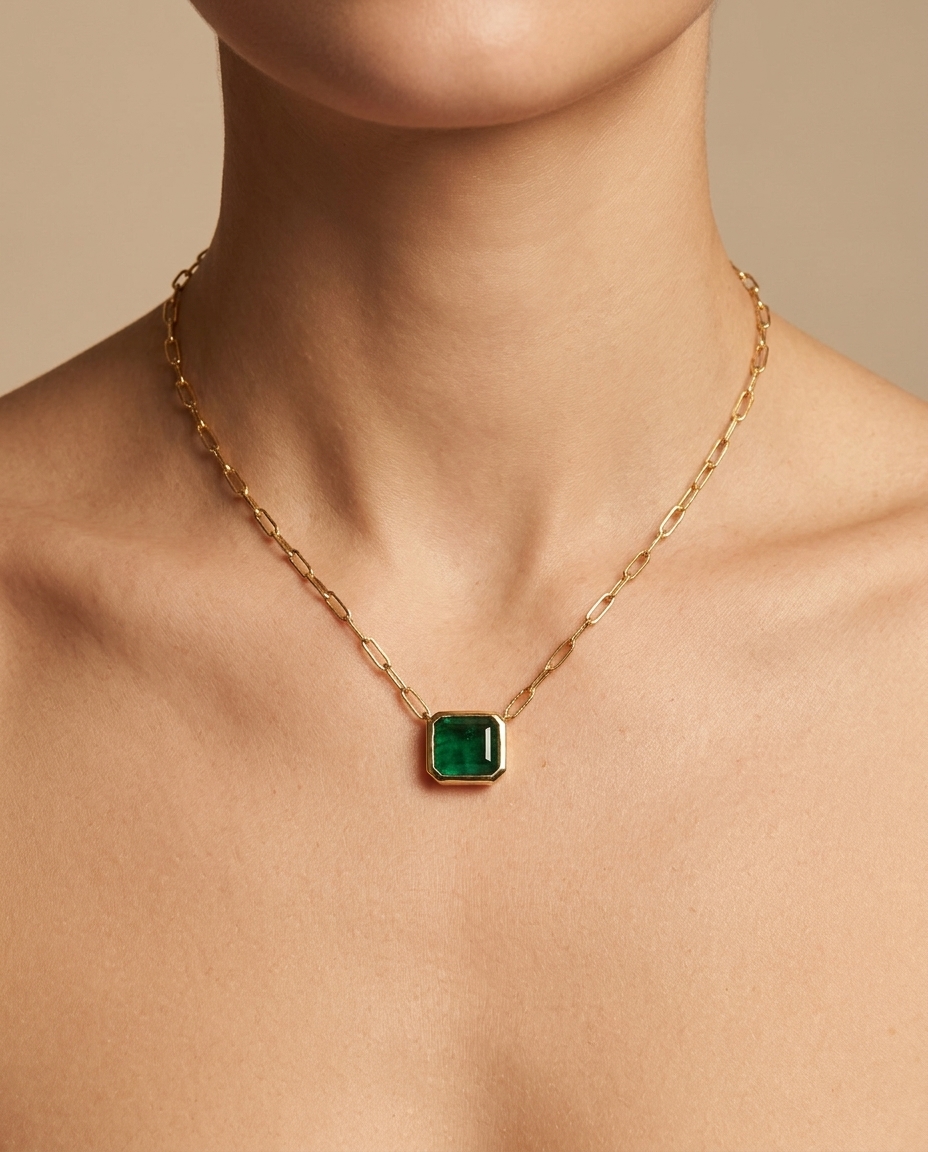14KT Yellow Gold Emerald Necklace with Paperclip Chain on model